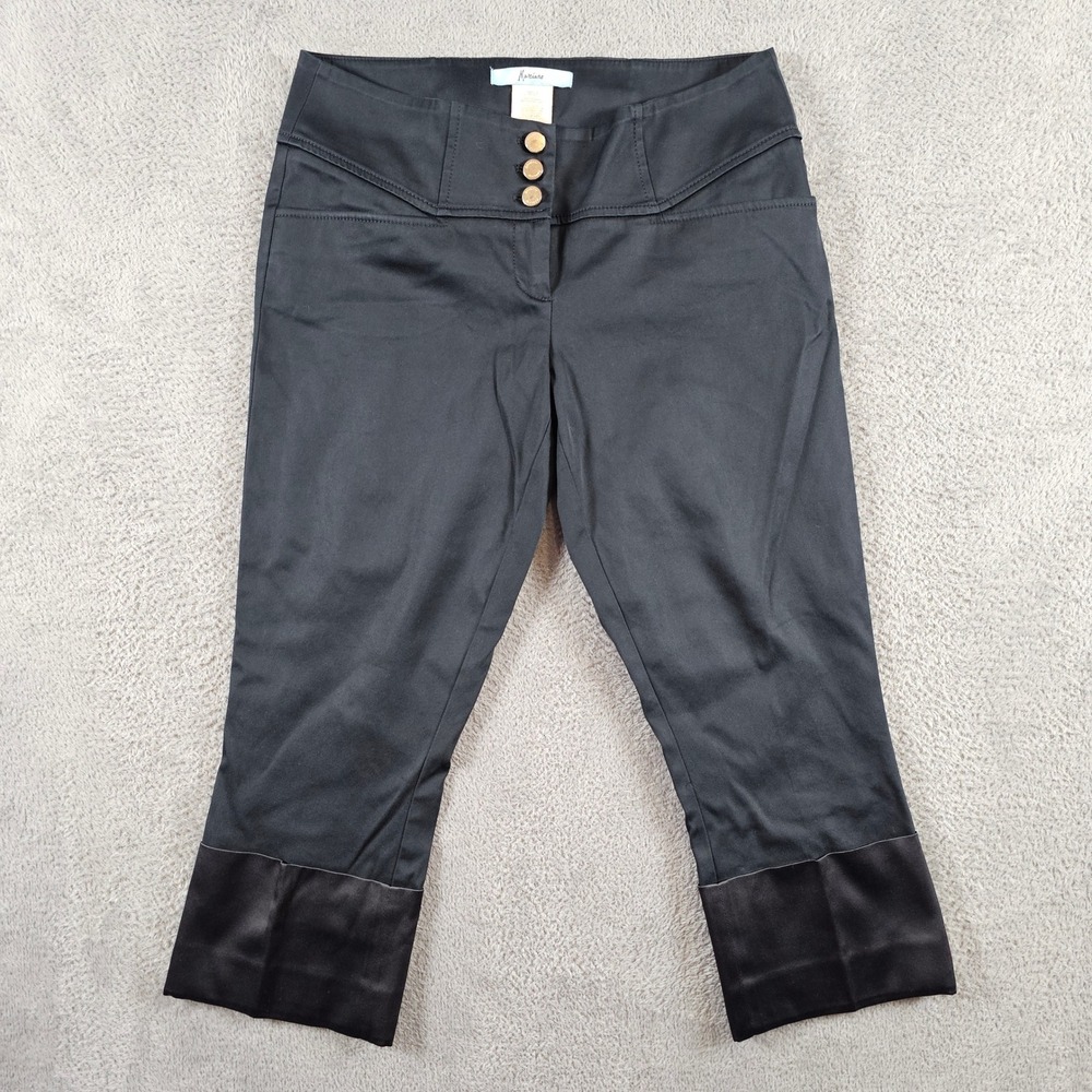 Marciano Black Capri Pants Satin Trim Gold Button High Rise Cropped Trousers 6